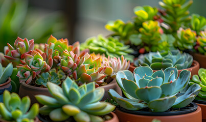 Fototapeta premium Close up macro shot of echeveria succulents in pots, Generative AI