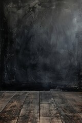 A dimly lit room with hardwood flooring and a black wall