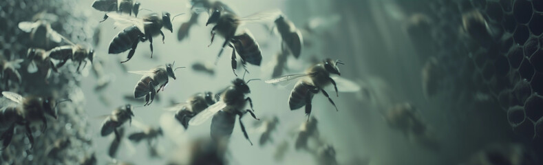 Artistic Wide-Angle View of Honeybees Hovering Near a Hive, with a Moody Atmosphere - AI-Generated