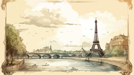 Vintage Postcard of Paris Flat vector isolated on white - obrazy, fototapety, plakaty