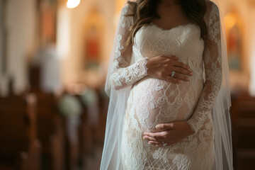 A pregnant African American woman in a white wedding dress stands in a church. She is clearly expecting, showcasing the beauty of motherhood on her special day
