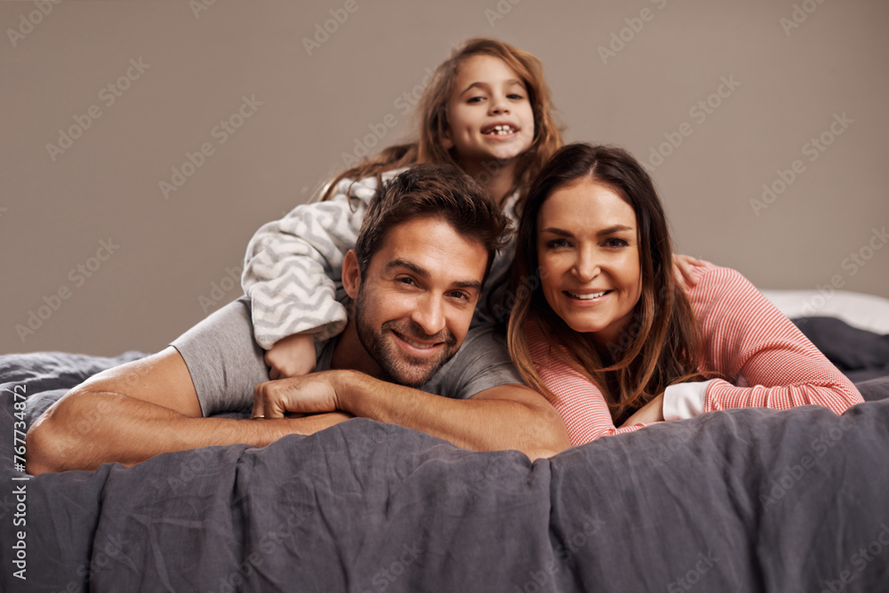 Sticker Parents, child and portrait in bedroom to relax in home for weekend break, family time and happiness for bonding. Father, mother and girl comfy or cozy together for love, care and safety or security.