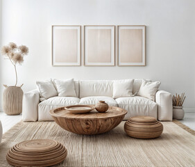 Fototapeta na wymiar Round wooden coffee table near white sofa against of white wall with three art frames. Scandinavian style