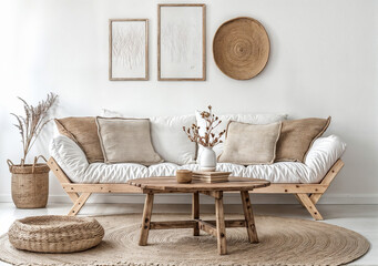 Round wooden coffee table near white sofa against of white wall with three art frames. Scandinavian style
