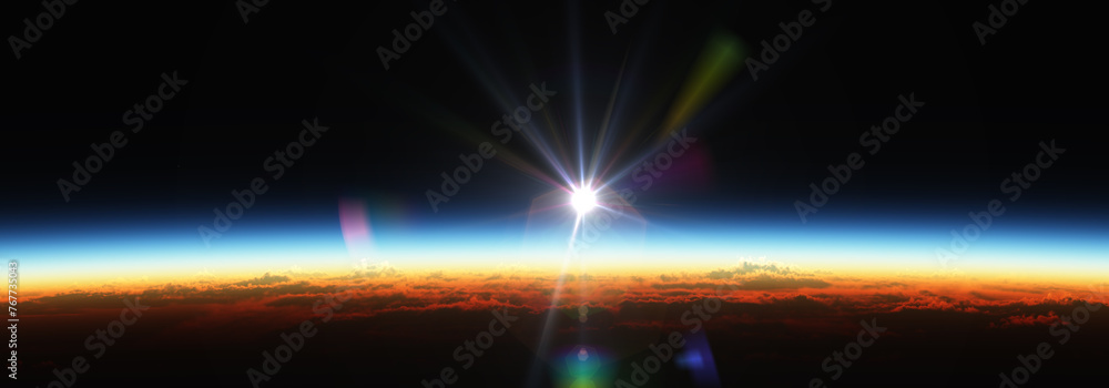 Canvas Prints earth sunrise from space over cloudy ocean. 3d rendering