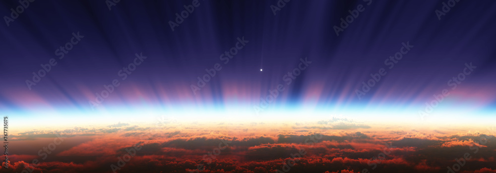 Sticker sunrise from space aurora, 3d rendering