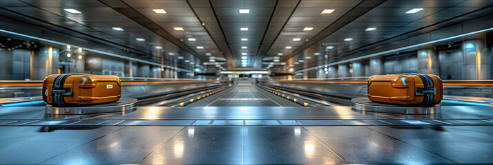 Baggage Claim in Airport Terminal Suitcases on Conveyor,
 Suitcases on luggage conveyor belt at airport terminal - obrazy, fototapety, plakaty