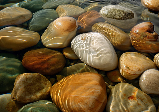 Smooth river pebbles arranged in a shallow stream, with water gently flowing over them, creating a soothing and serene ambiance.