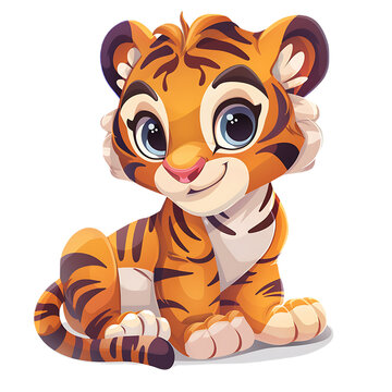 Cute cartoon clip art of baby tiger cub on transparent background PNG.
