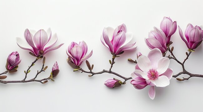 "Magnificent Magnolia Branch with Purple Flowers on White Background"