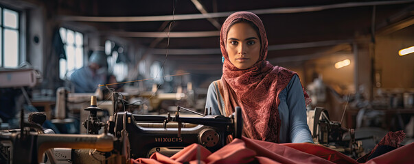 Artisan tailor sewing in a busy textile workshop - obrazy, fototapety, plakaty