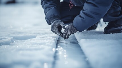 Maintenance crew assesses ice thickness for safety and operational purposes, ensuring appropriate measures are taken based on the observed thickness of the ice.
