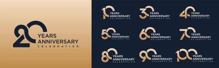 collection of 10 to 100th anniversary logotype design, with golden color for celebration event, wedding, greeting card, and invitation, vector illustration