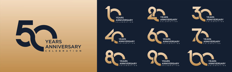collection of 10 to 100th anniversary logotype design, with golden color for celebration event, wedding, greeting card, and invitation, vector illustration
