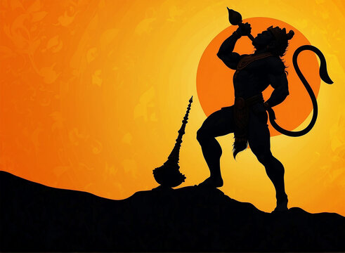 Hanuman Jayanti concept god Hanuman sculpture silhouette with his gada on orange background