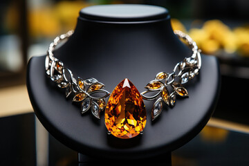 Gold necklace with amber stones on a black stand. - obrazy, fototapety, plakaty