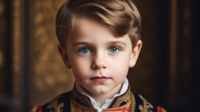 Portrait cute caucasian child looking at camera. Serious little boy on rustic home background 