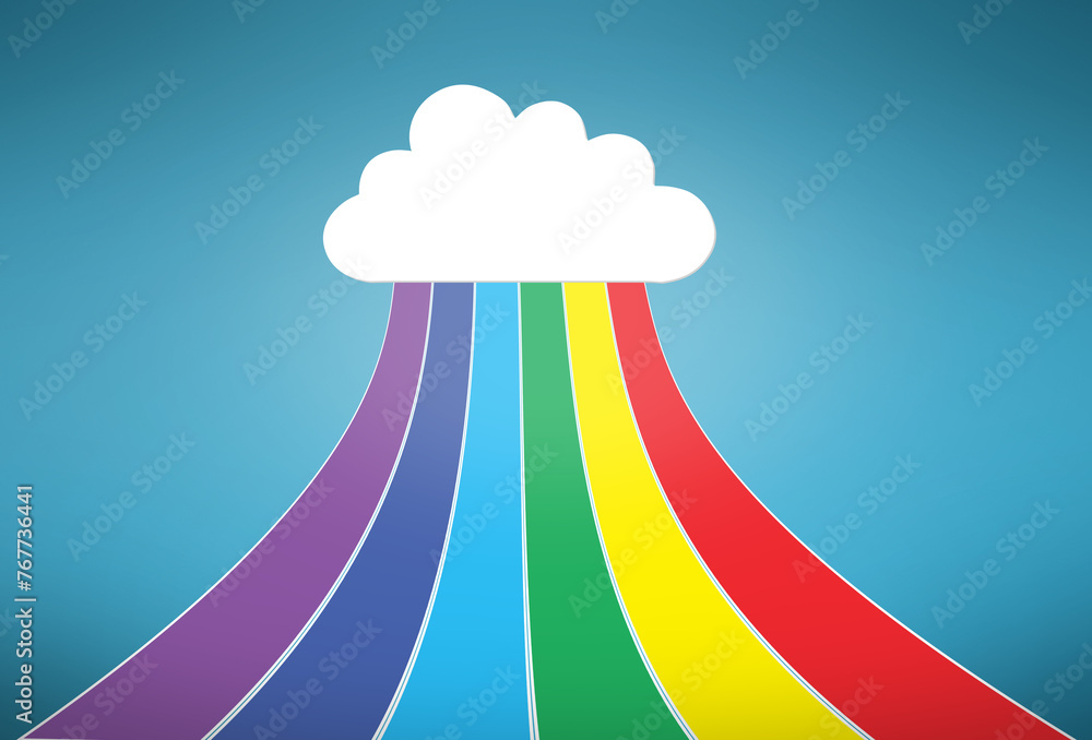Poster cloud computing, data and streaming for upload with sign, rainbow and art graphic on blue background