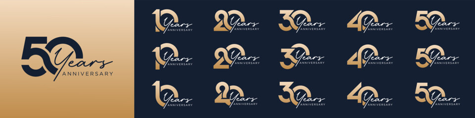 collection of 10 to 50th anniversary logotype design, with golden color for celebration event, wedding, greeting card, and invitation, vector illustration