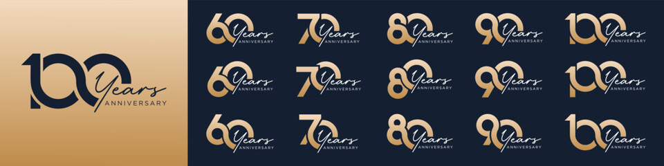 collection of 60 to 100th anniversary logotype design, with golden color for celebration event, wedding, greeting card, and invitation, vector illustration