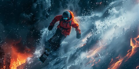 Snowboarder demonstrating powerful moves on a mountain, energetic background with fire-like effects.