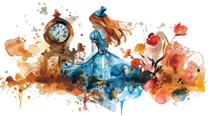 Watercolor Steampunk Alice in Wonderland Flat vector
