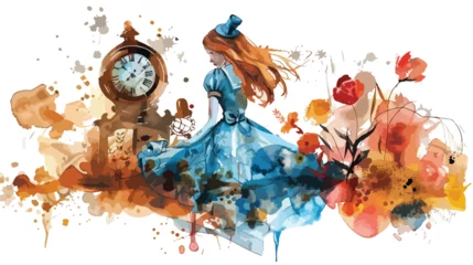 Fotobehang Grunge vlinders Watercolor Steampunk Alice in Wonderland Flat vector