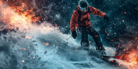Snowboarder demonstrating powerful moves on a mountain, energetic background with fire-like effects.
