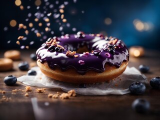 Glazed blueberry doughnut with toppings, floating in the air, cinematic food dessert photography