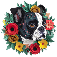 Circle paper art Dog head & floral, wall hanging Isolated on transparent background.