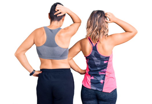 Couple of women wearing sportswear backwards thinking about doubt with hand on head