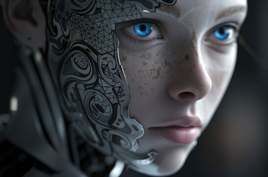 A humanoid robot with blue eyes and white skin, with half of its face covered in intricate silver patterns