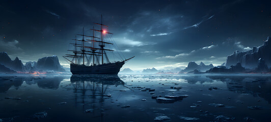 Obraz premium stars reflected on the sea, ship in the sea, ai generative