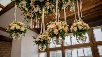 Fototapeta na wymiar Experience original wedding floral decoration with mini-vases and bouquets of flowers hanging elegantly from the ceiling, adding charm and romance to the venue.