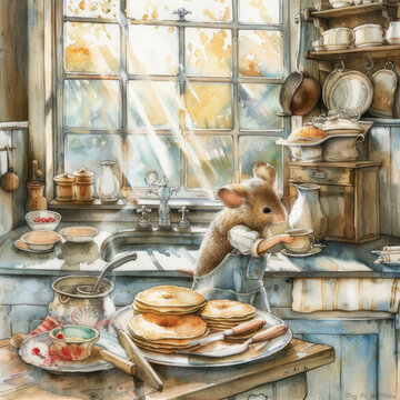 Cute little mouse is baking thin pancakes in a bright beautiful kitchen, the sun is shining through the window, soft and muted colors, fantastic detailed watercolor illustration.