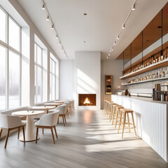 Fototapeta premium Interior of modern cafe with white walls, wooden floor, bar counter with white chairs and fireplace. 3d rendering