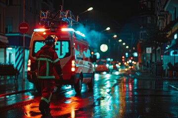A fireman in full gear walks down a wet street under heavy rain, likely responding to an emergency call. Generative AI - obrazy, fototapety, plakaty