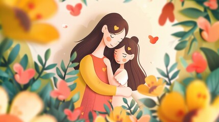 Happy Mother's Day. Illustration of mother with her little child, flower in the background. Concept of mothers day, mothers love, relationships between mother and child.