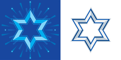 Star of David with the Israeli flags and fireworks. Independence Day of Israel concept. Vector illustration