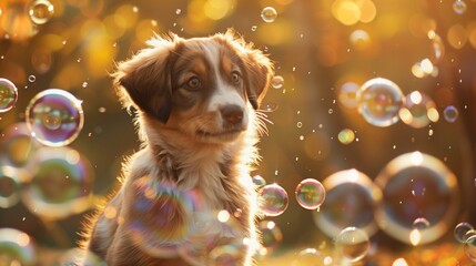 : A curious Australian Shepherd puppy surrounded by shimmering soap bubbles, creating a whimsical scene.  - obrazy, fototapety, plakaty