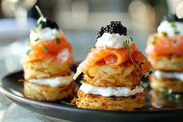 Mini hashbrown stacks with smoked salmon and caviar, highlighting the trend of upscale brunch items, luxurious and elegant on a sleek, modern plate