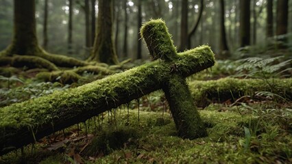 Step into a world of serenity as you encounter a cotton cross veiled in moss, its presence lending a sense of reverence to the lush green forest. - obrazy, fototapety, plakaty
