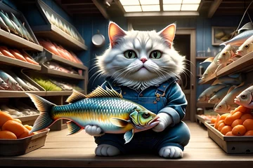 Foto op Plexiglas A fat cat with a big fish in its paws. © Peredniankina