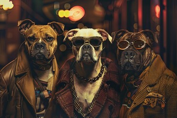A group of dogs wearing stylish sunglasses and jackets, posing together on the street. Generative AI