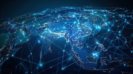 Digital map of Asia, concept of global network and connectivity, data transfer and cyber technology, business exchange, information and telecommunication. Map for business