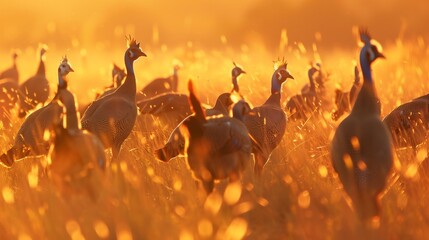 A flock of guinea fowl strutting gracefully across a sun-kissed field, their plumage gleaming.  - obrazy, fototapety, plakaty