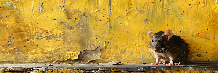 a rat is sitting on a ledge in front of a yellow wall with a paint chipping off of it. - obrazy, fototapety, plakaty