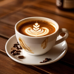 Fototapeta premium Coffee cup with hot latte art on wooden table.