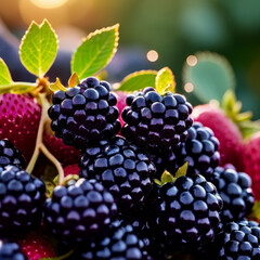 Blackberries and raspberries on wooden board with bokeh background