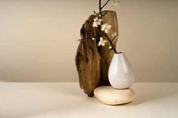 Podium for exhibitions and product presentations, material stone, spring flowers. Beautiful beige background made from natural materials. Abstract spring nature scene with composition.